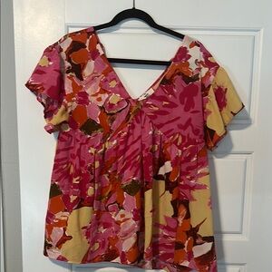 Floral V-Neck Women's Top - Pink and Yellow